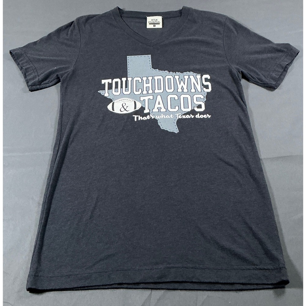 ATX Mafia Womens Touchdowns‎ & Tacos Texas V-Neck Graphic Tee Gray Small
